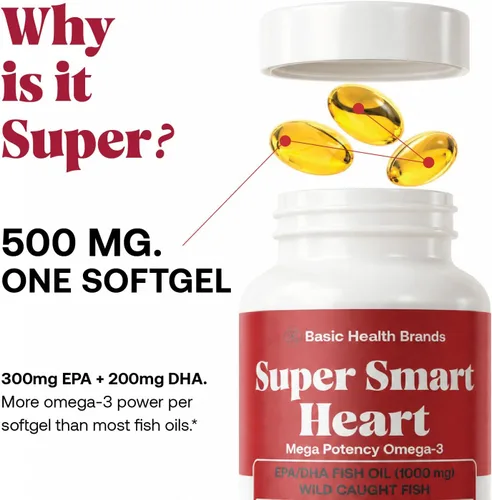 Vista 7 de Basic Brands Smart Heart Omega-3 Aceite de pescado 1000 mg – Apoya la salud del corazón, triglicéridos saludables, función cerebral y bienestar