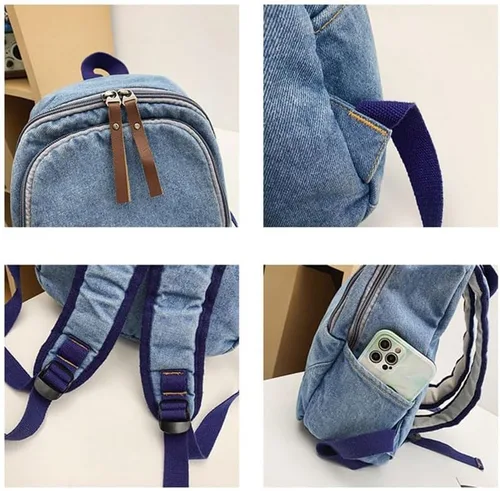 Vista 6 de Pequeña mochila vintage de mezclilla clásica retro jeans mochila de viaje casual mochila universitaria para mujeres hombres, Negro