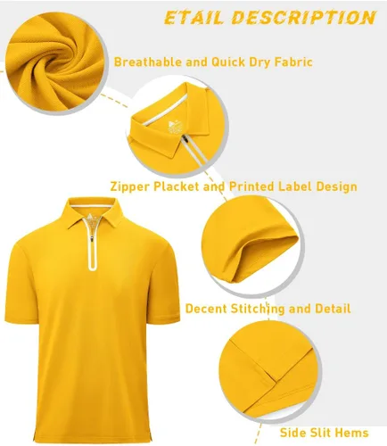 Vista 5 de Polo de golf con cremallera para hombre, manga corta, absorbe la humedad, informal, con cremallera de un cuarto