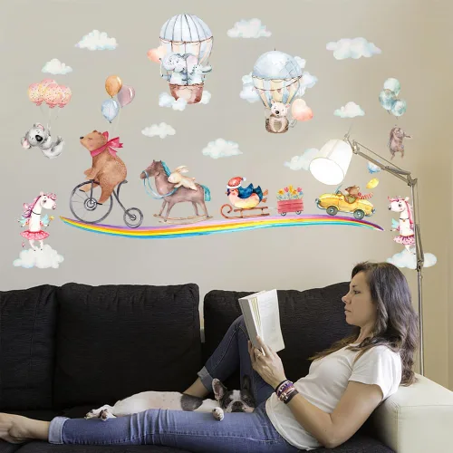 Vista 4 de SUPERDANT Divertidos calcomanías de pared de animales para fiestas, vinilo de oso de ratón, globos aerostáticos, nubes, arco iris, removibles
