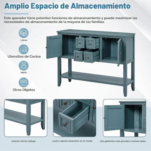 Vista 7 de Merax Mesa de buffet de madera con estante de almacenamiento, 2 cajones y armarios, gabinete de barra de café para sala de estar, comedor, cocina