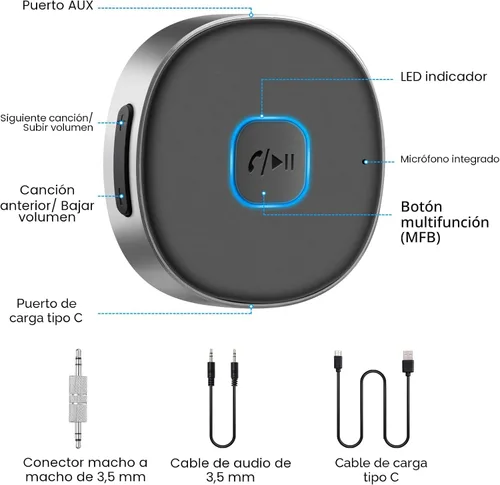 Vista 2 de LAICOMEIN - Receptor Bluetooth, adaptador auxiliar portátil para automóvil de 0.138 in, receptor de audio inalámbrico Bluetooth