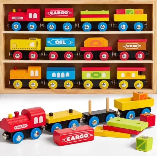 Vista 8 de Montessori - Juego de juguetes de tren de madera para niños, 12 vagones magnéticos de tren con caja de regalo de almacenamiento, juguete educativo