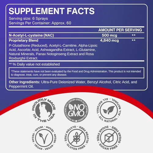 Vista 2 de Spray de glutatión liposomal líquido, suplemento de glutatión de máxima absorción con NAC, Ashwagandha, glutamina, ácido ascórbico, fácil uso