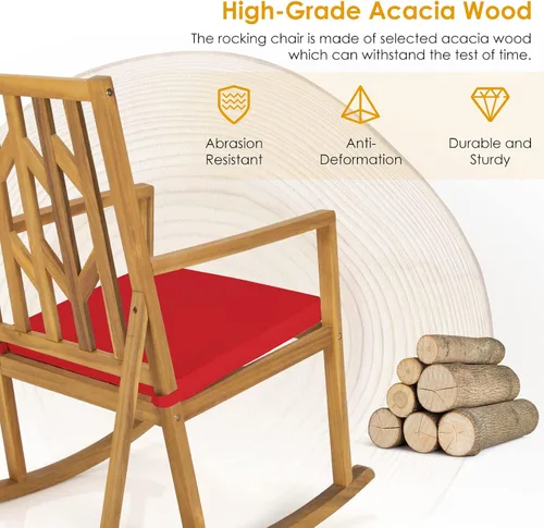 Vista 6 de Tangkula Mecedora de madera de acacia para patio, con cojín extraíble de alta densidad, resistente a todo tipo de clima, base equilibrada, perfecta