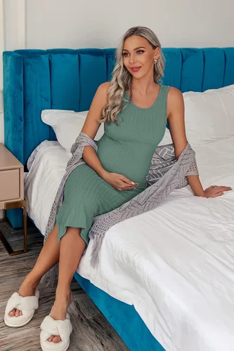 Vista 2 de Ekouaer Vestido de maternidad para mujer, de punto acanalado, sin mangas, con abertura lateral, vestido ajustado para embarazo, tallas S-XXL