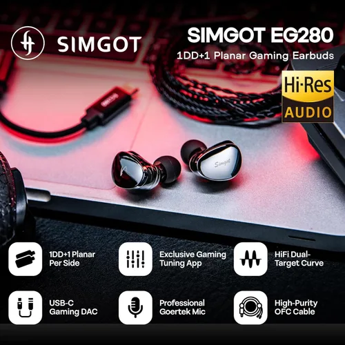 Vista 2 de Linsoul SIMGOT EG280 1DD+1 Planar HiFi IEM y auriculares con cable