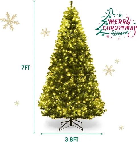 Vista 9 de Árbol de Navidad artificial preiluminado de 7 pies, árbol de Navidad con bisagras de lápiz con 500 luces LED de doble color, 1570 ramas de PVC, 11