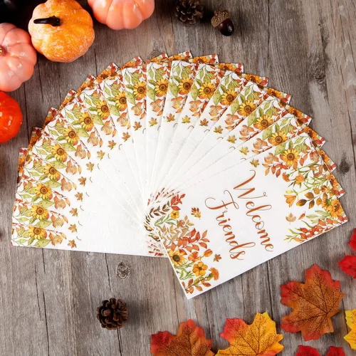 Vista 2 de Quera 100 servilletas de papel desechables con hojas de otoño con texto en inglés "Welcome Friends", servilletas de papel desechables para Acción