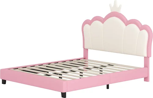 Vista 6 de Harper & Bright Designs Base de cama de princesa tapizada de tamaño matrimonial con cabecero de corona para niños, niñas, niños pequeños, cama