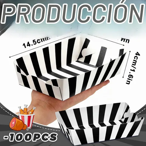 Vista 2 de Yaomiao - 100 bandejas de papel a rayas para alimentos, bandeja para servir Negro