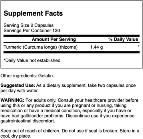 Vista 2 de Cápsulas Swanson Premium Brand de raíz de cúrcuma pulverizada, 720 mg, 1 Soporte para articulaciones, hígado y digestivo para adultos activos, sin