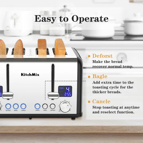Vista 5 de Tostadora de 4 rebanadas, tostador de panecillos de acero inoxidable KitchMix con temporizador LCD, ranuras extra anchas, pantalla dual, bandeja
