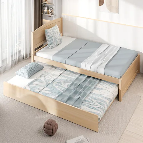 Vista 8 de Cama nido individual, marco de cama extraíble de madera maciza, cama de día extensible con cabecera y soporte de listones de madera sólida Natural