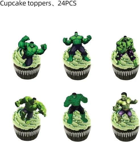 Vista 2 de Hulk - 24 decoraciones para tartas de Hulk, decoración de pasteles, suministros de fiesta de cumpleaños de Hulk (14)