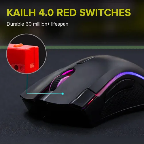 Vista 3 de DeLUX Mouse ergonómico inalámbrico para juegos con Pixart 335 16000 DPI, receptor USB 2.4G, 7 botones programables e interruptor rojo Kailh, ratones