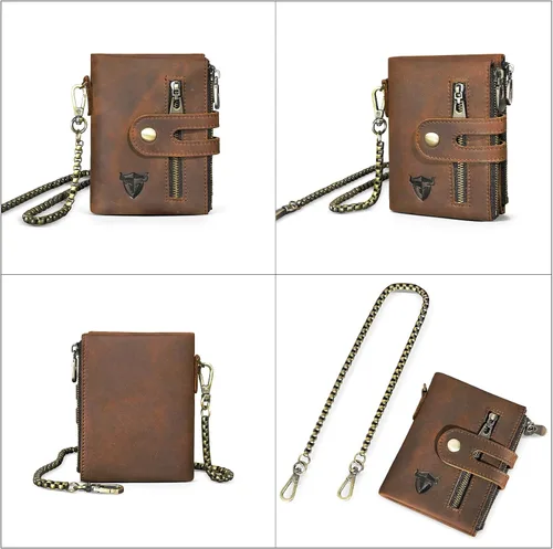 Vista 2 de Genuino caballo loco cuero viaje regalo moneda bolsillo tarjeta caso largo organizador cadena Rfid monedero con broche para hombres hombres 1803