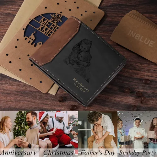 Vista 11 de INBLUE Billetera plegable grabada personalizada, cartera de cuero personalizada con foto y texto grabado, regalos para hombres, marido, papá, hijo