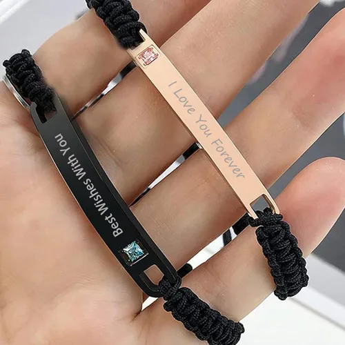 Vista 4 de YATEDIY Pulsera personalizada para parejas para mujeres y hombres, pulseras con nombre personalizado grabadas con palabras de promesa, pulseras