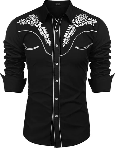 Vista 20 de COOFANDY Camisa occidental para hombre de manga larga con bordados, camisa de vaquero casual con botones café (01-Coffee(Pattern1))
