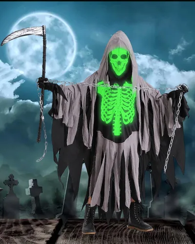 Vista 4 de Disfraz de parca de Halloween para niños, disfraz de esqueleto blanco oscuro con accesorios para cosplay de la parca de calavera