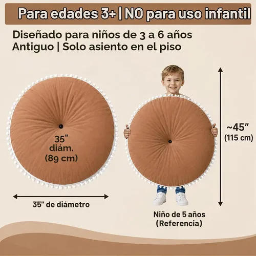 Vista 2 de Cojín redondo grande para suelo para niños, color marrón, almohada circular de 35 pulgadas para niños, rincón de lectura, sala de juegos, tipi a