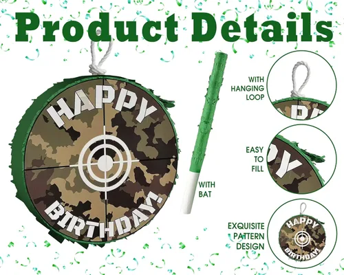 Vista 2 de APINATA4U - Juego de piñata de camuflaje verde con palo y venda, 16 x 4 pulgadas, suministros de fiesta de juego de caza, decoraciones de feliz