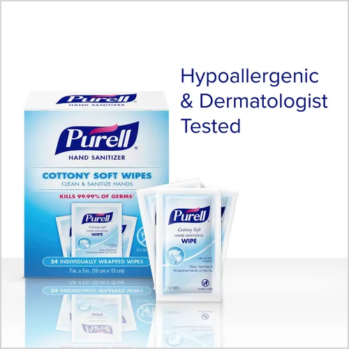 Vista 5 de Toallitas desinfectantes suaves para manos Purell Cottony con aroma limpio, 24 toallitas envueltas individualmente (paquete de 4 cajas) - 9029-04-CMR