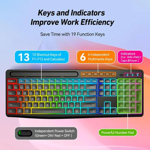 Vista 2 de Combo de teclado y mouse inalámbricos con retroiluminación, teclado recargable de 2.4 GHz con soporte para tableta de teléfono, 11 teclas de acceso