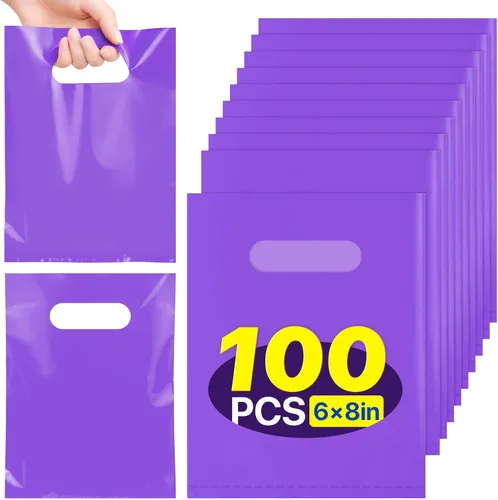 Vista 11 de ANZNKU 100 bolsas de regalo pequeñas multicolor con asa para dulces, muestras de bocadillos, manualidades, bolsa de regalo de plástico a granel