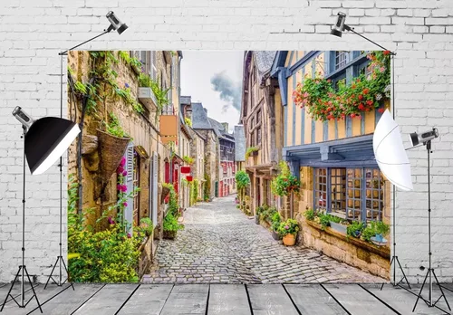 Vista 2 de BELECO Telón de fondo de tela italiana de 5 x 3 pies, diseño de flores, primavera, paisaje, calle, Europa, arquitectura, fondo de vacaciones