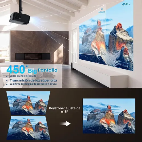 Vista 2 de Proyector grande ANSI 4500 con WiFi y Bluetooth, proyector de película de pantalla de 450 pulgadas con altavoz HIFI, proyectores 4K de alto brillo