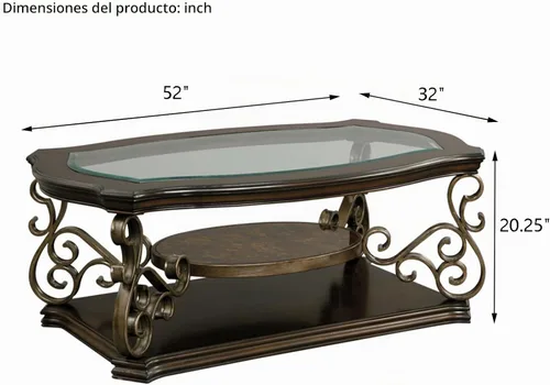 Vista 2 de Henf Mesa de centro tradicional con parte superior de vidrio templado y estante medio, mesa de cóctel vintage con parte superior de vidrio ovalada