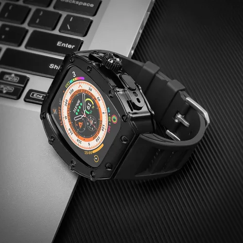 Vista 4 de Estuche de Lujo para Apple Watch Ultra 3/2/1 49mm Banda FKM, Cubierta de Metal con Parachoques Resistente + Vidrio Incorporado + Correa