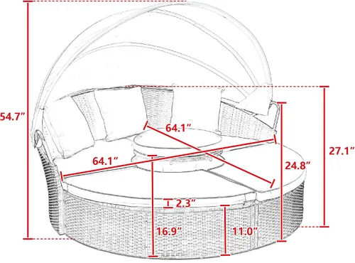 Vista 2 de Sofá cama redondo de ratán al aire libre con toldo retráctil y mesa de centro elevadora, muebles de patio, juego de sofá para piscina Garde