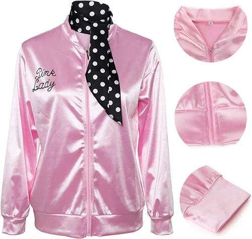 Vista 7 de THDZS Chaqueta rosa de los años 50 para mujer grasa con cuello bufandas disfraz de cosplay de Halloween