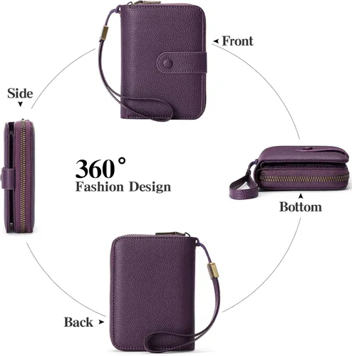 Vista 4 de GAEKEAO Cartera pequeña de cuero para mujer, con bloqueo RFID, con cremallera, organizador de tarjetas con llavero, A05-Púrpura-Large, Retro