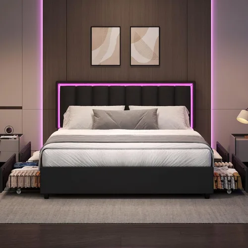 Vista 9 de IMMERSTABLE Base de cama tamaño Queen con cabecero y 4 cajones de almacenamiento, plataforma tapizada de piel sintética con luces LED, listones