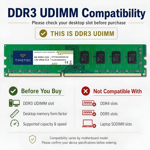 Vista 4 de Timetec - Módulo de memoria RAM de 8 GB DDR3 1333 MHz PC3-10600 Sin búfer ECC 1,5 V CL9 2Rx8 Doble rango 240 pines UDIMM Mejora de memoria