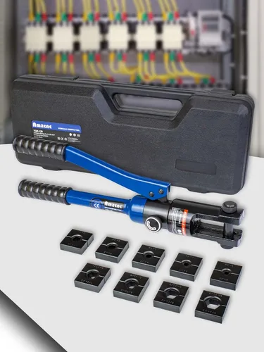 Vista 13 de AMZCNC herramienta de crimpado de terminales de cable de batería de alambre hidráulico azul de 16 toneladas con troqueles estándar de cable EE. UU.
