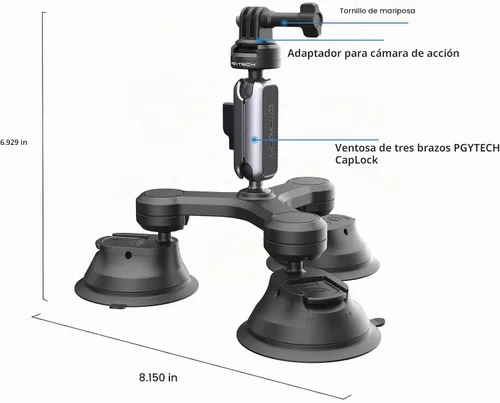 Vista 8 de PGYTECH CapLock - Soporte de triple succión compatible con DJI OSMO Action 4/3/2, Gopro Hero 11/10/9/8 con adaptador de rosca estándar de 1/4"-20