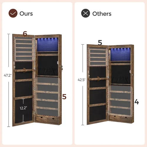 Vista 7 de SONGMICS - Gabinete organizador de joyas con 6 luces LED, para montar en la pared o en la puerta, de 47.3pulgadas de alto, con espejo y 2 cajones