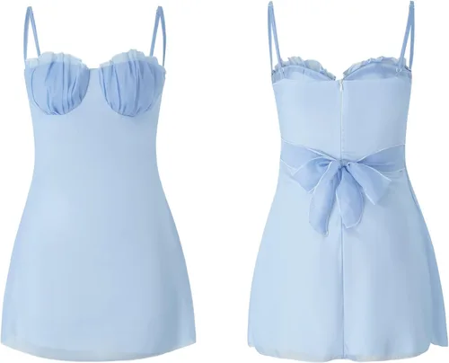 Vista 7 de Vestido corto de encaje para mujer, elegante, con volantes, fruncido, tirantes delgados, cuello en V, corte bajo, vestido ajustado para fiesta