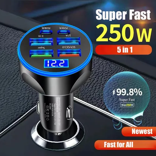 Vista 3 de Adaptador De Carga Súper Rápida USB C Para Coche Y Teléfono 6 En 1 Con Pantalla De Voltaje 250W Carga USB De Encendedor De Cigarrillos De Múltiples