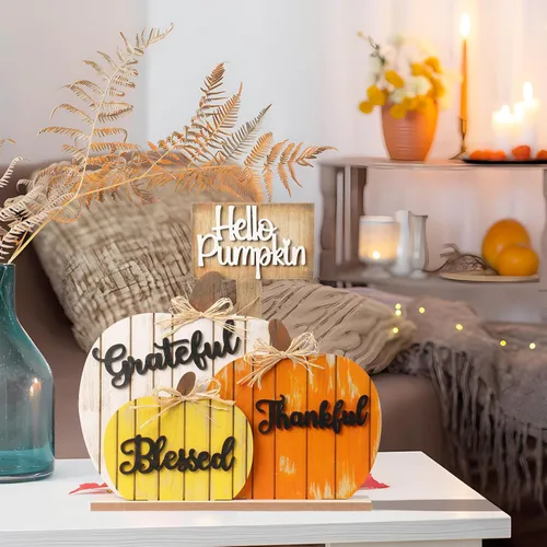 Vista 7 de SY Super Bang Decoraciones de Otoño para el Hogar, Letrero Rústico de Madera Bendecido Agradecido Afortunado de Calabaza para Mesa, Decoración