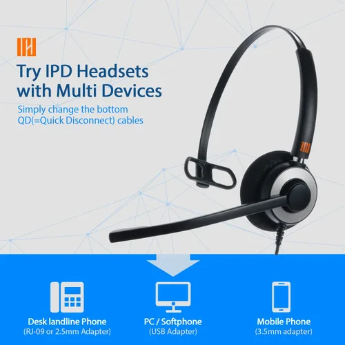 Vista 3 de IPD IPH-160 Auriculares para teléfono con micrófono con cancelación de ruido para oficina y centro de llamadas. Compatible con todos los teléfonos