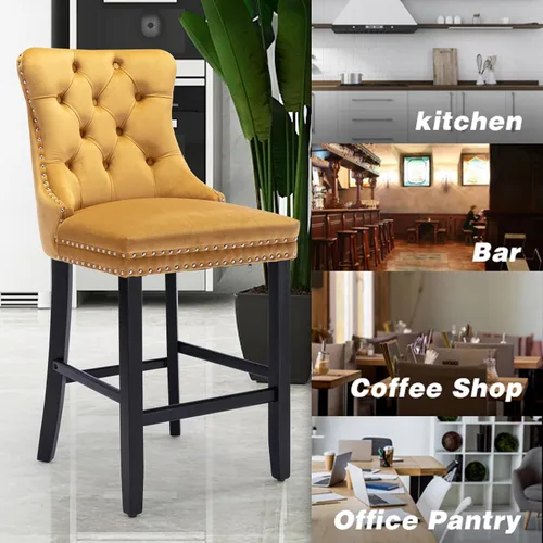Vista 179 de SoarFlash Juego de 2 taburetes de bar tapizados de terciopelo moderno con patas de madera, botones acolchados, cabeza de clavo cromada, asiento