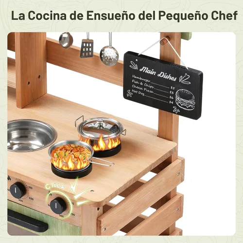 Vista 4 de OLLIKIVI Cocina de juego al aire libre para niños Juego de cocina de barro de madera con fregadero extraíble, área de plantación, horno, estufa