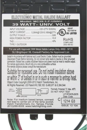 Vista 3 de Hatch MC39-1-F-UNNU - Lastre electrónico de halogenuros metálicos, 39 vatios MH, 120/277 V