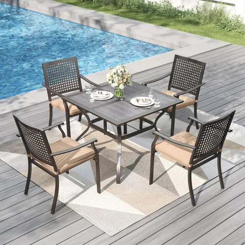 Vista 12 de PHI VILLA Juego de comedor al aire libre de 5 piezas para 4, sillas apilables con cojines y mesa cuadrada de madera de 37 pulgadas con agujero